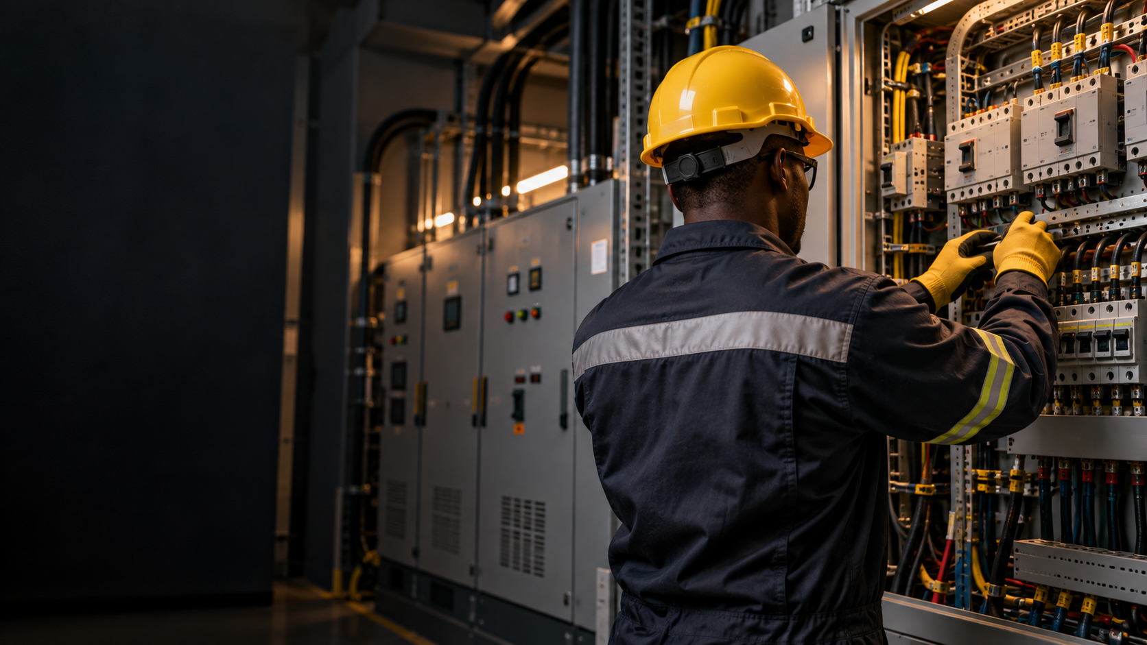 Electrician inspecting a commercial electrical control panel