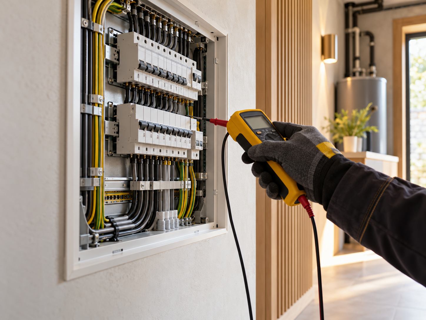 Modern residential distribution board under inspection