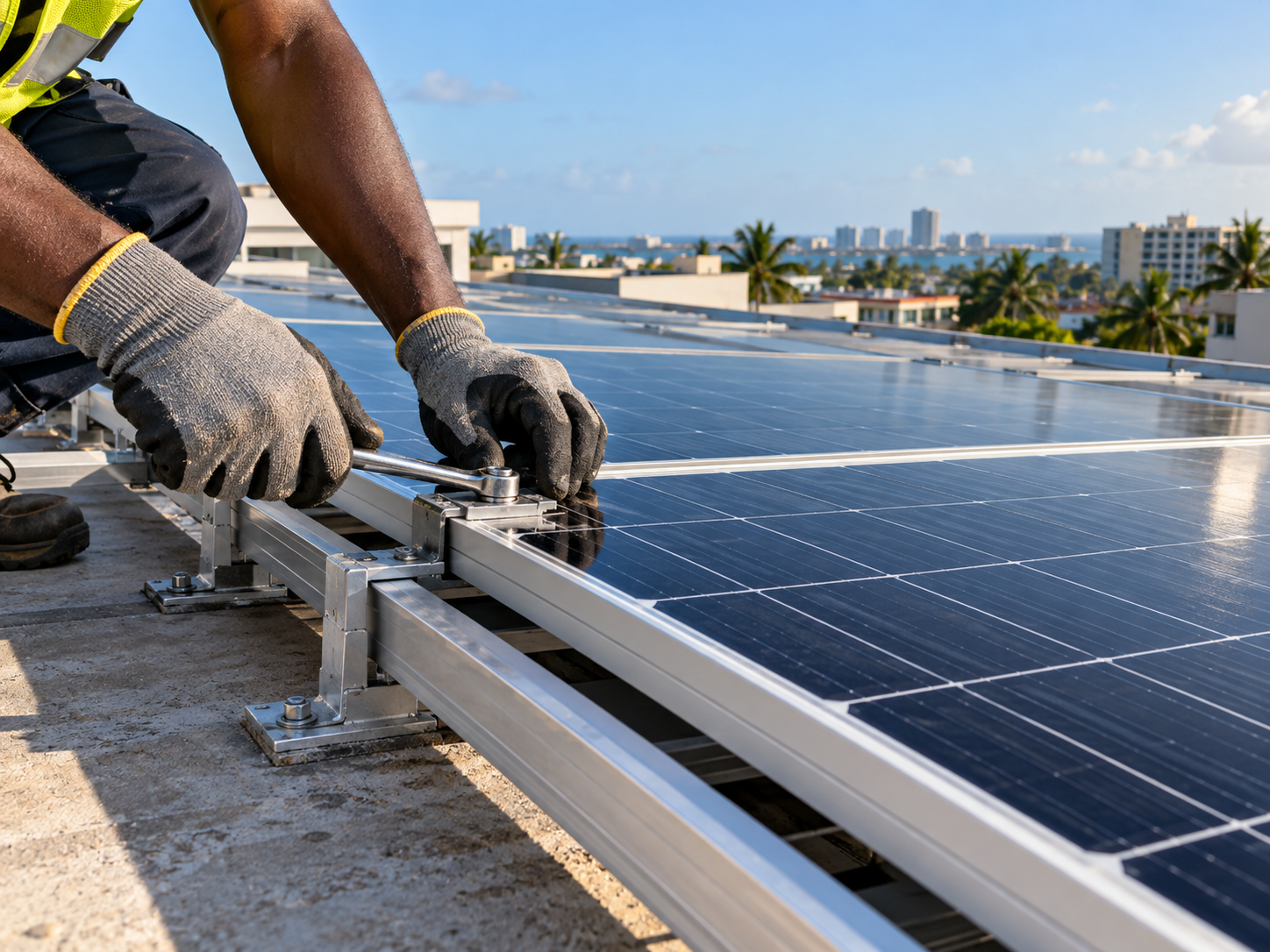 Technician installing a rooftop solar panel system